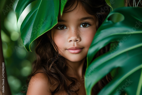 Youthful Beauty Embraced by Nature: Girl with Tropical Leaf 