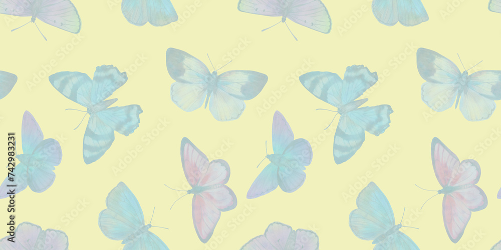 delicate butterflies of blue color isolated on light green background, seamless pattern delicate butterflies of blue color isolated on light green background, seamless pattern