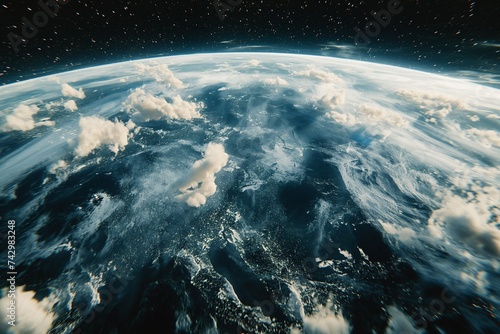 A detailed panoramic view from space focusing on the dynamic and ever-changing cloud patterns over Earth's oceans. 8k