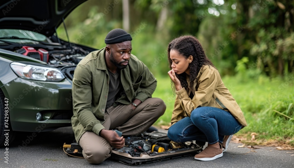 Concerned couple contemplating car troubles on a secluded roadside.