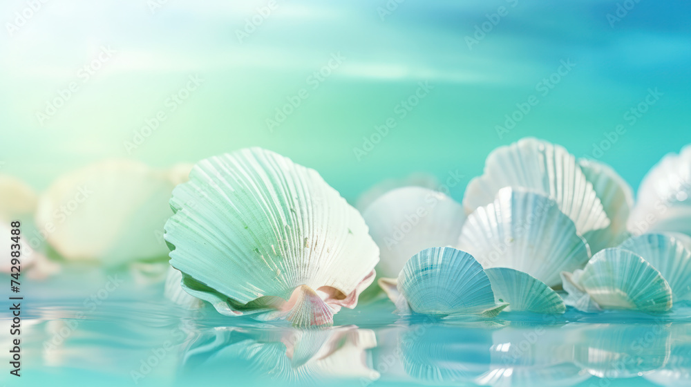 Seashell on the summer beach in sea water. Summer background. Summer time. Seashell on the summer beach in sea water. Summer background. Summer time.