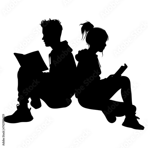 Silhouette teenager girl and boy reading book together black color only