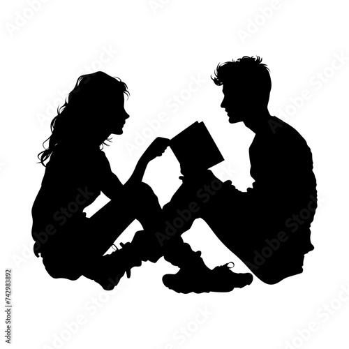 Silhouette teenager girl and boy reading book together black color only