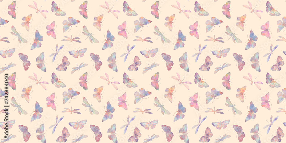Seamless pattern of butterflies and dragonflies, endless watercolor pattern, hand drawn. Fabric design, kitchen textiles, packaging, wrapping paper. Seamless pattern of butterflies and dragonflies, endless watercolor pattern, hand drawn. Fabric design, kitchen textiles, packaging, wrapping paper.