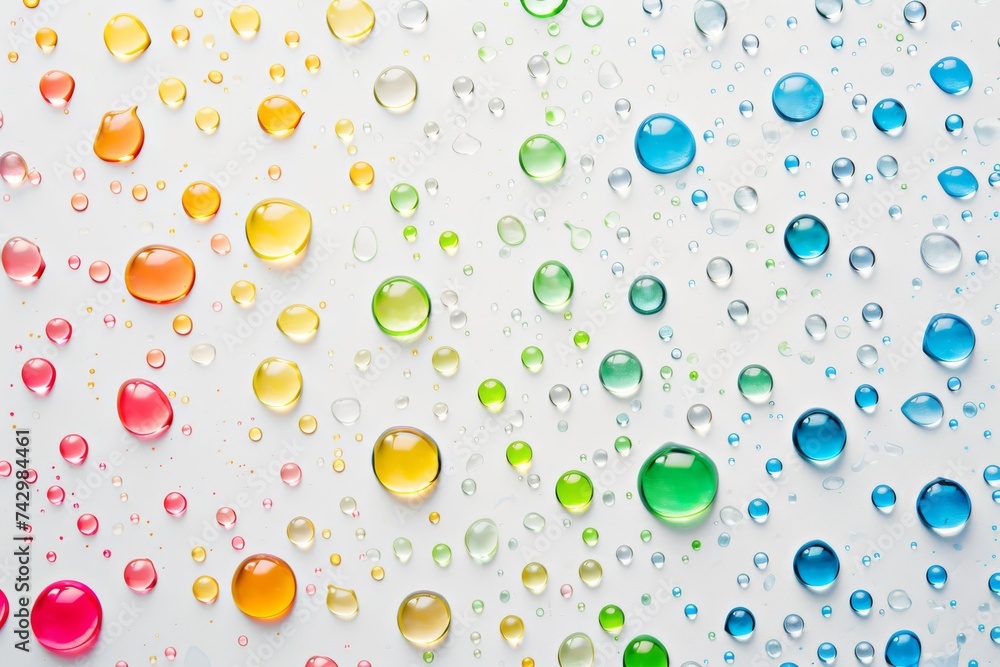vibrant water droplets dance harmoniously on white canvas, Generative AI