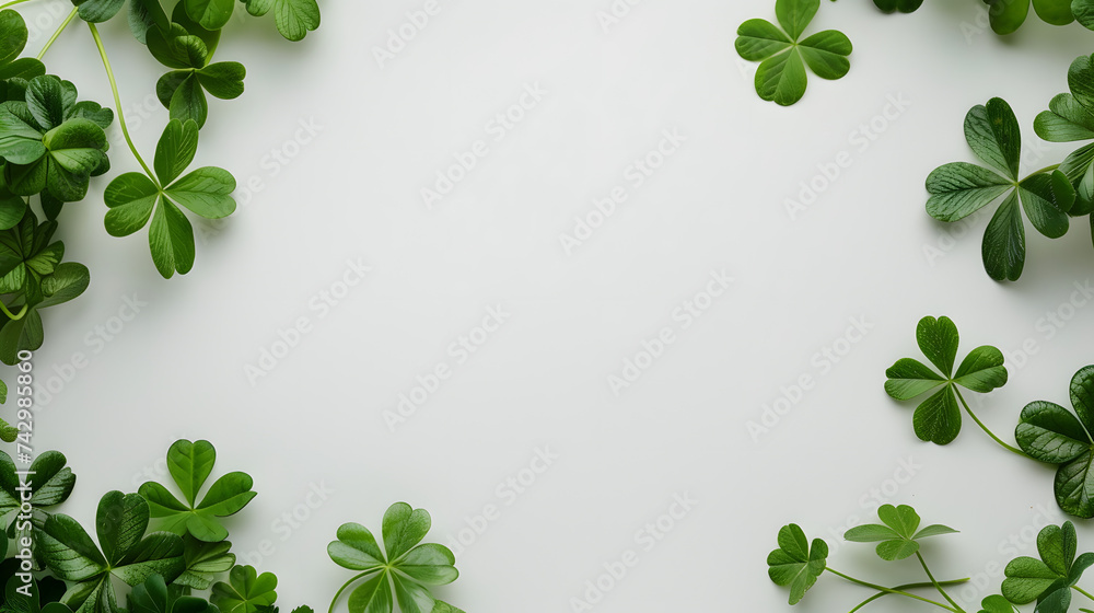 St. Patrick's day frame of clover leaves on a white background. Banner with copy space. Celebration concept. Green concept.