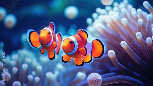 Beautiful clownfish with coral reef in the underwater sea. Concept of underwater life with beautiful view.