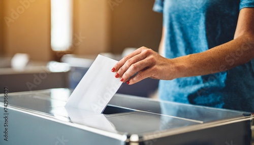 female in casual attire casting her vote at a polling station, holding a ballot paper, symbolizing civic duty and democracy