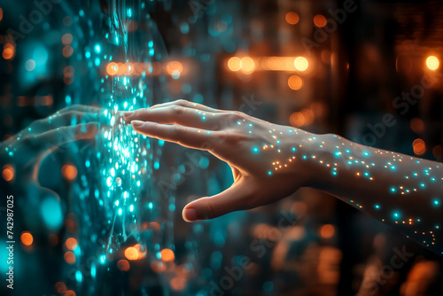 AI concept. Future technology. Hand touching a screen with a 3d net map. 