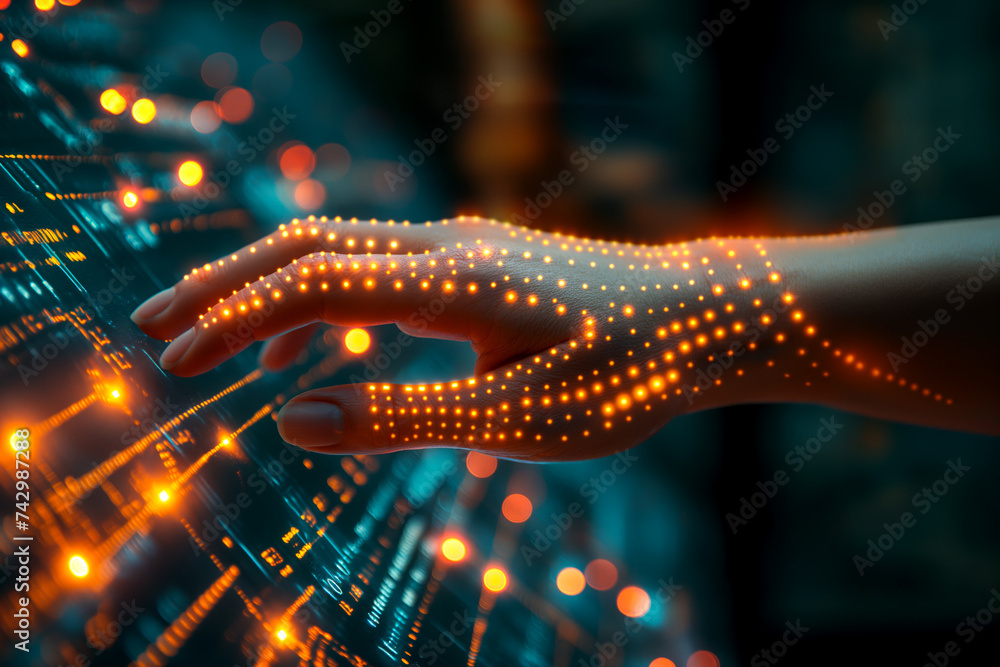 AI concept. Future technology. Hand touching a screen with a 3d net map. AI concept. Future technology. Hand touching a screen with a 3d net map.