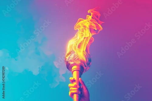 A hand holding the Olympic flame, a bright torch, a cover for the International Sports Games