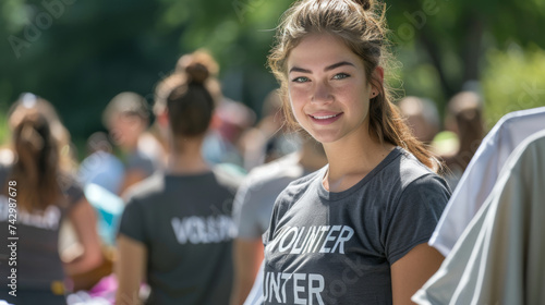 young woman wearing a t-shirt with the word "VOLUNTEER" printed on it, smiling at the camera with other volunteers in the background © MP Studio