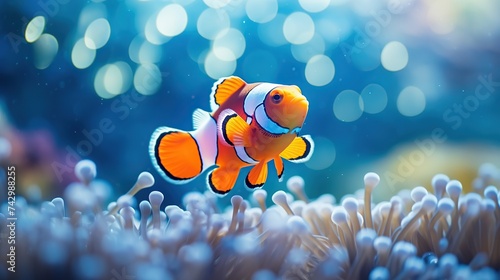 Beautiful clownfish with coral reef in the underwater sea. Concept of underwater life with beautiful view. © Alpa
