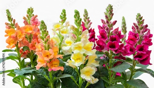 yellow orange and pink snapdragon flowers isolated on white