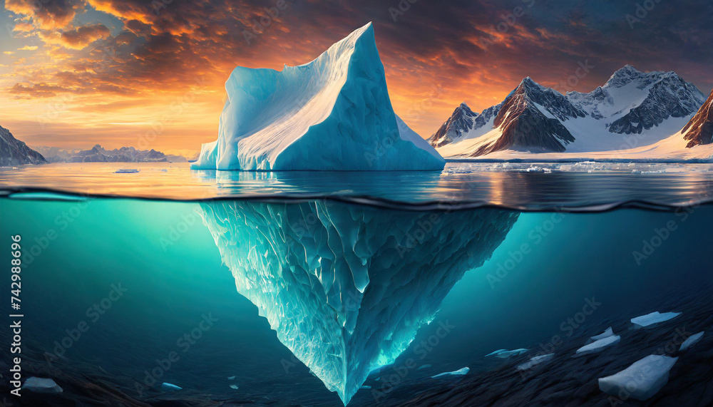 iceberg protrudes above, hinting at danger while concealing its vast, submerged mass, a metaphor for hidden peril and climate change - obrazy, fototapety, plakaty 