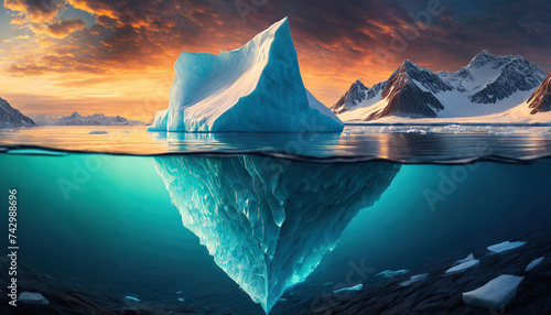 iceberg protrudes above, hinting at danger while concealing its vast, submerged mass, a metaphor for hidden peril and climate change
