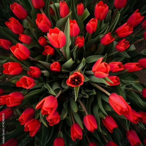 Overhead shot of vibrant red tulips in full bloom  presenting a natural  floral pattern