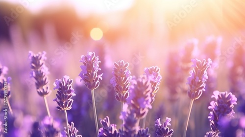 Beautiful blooming lavender flowers in the field landscape with soft bokeh sunset.