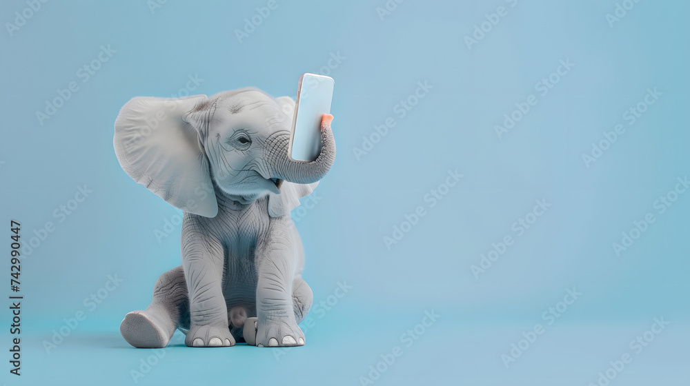 Cute elephant taking a selfie by holding a cellphone with trunk on a light blue background. Copy space for text. Funny concept.
