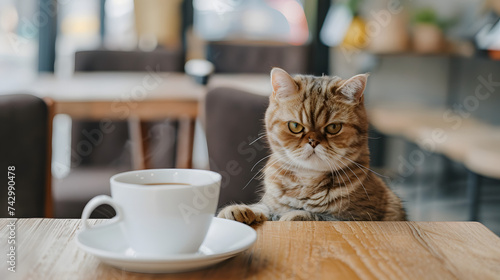 Frowning cute cat drinking coffee in a coffee shop. Morning vibes. Funny concept.
