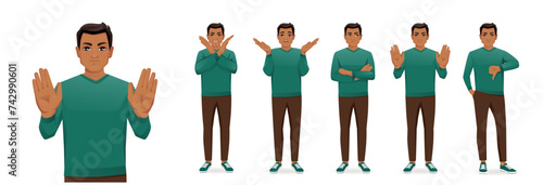 Young business man in green sweater showing negative emotions with different gestures set. Upset, dislike, angry, refused isolated vector illustration.