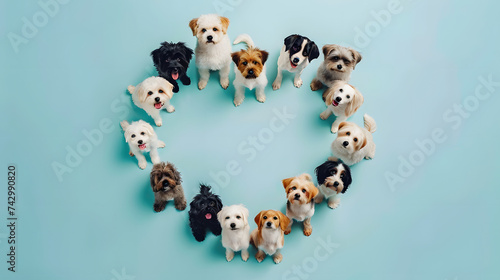 Cute dogs sitting lined up in a heart shape on a light blue background. Copy space for text. Must love dogs concept. Dog love concept.