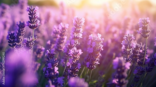 Beautiful blooming lavender flowers in the field landscape with soft bokeh sunset.