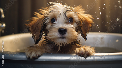 Front view of puppy in bathtub