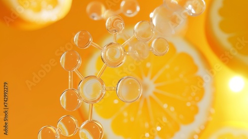 A molecular model of vitamin C, transparent and illuminated, against a citrus-inspired orange background, emphasizing health and nutrition research. 8k