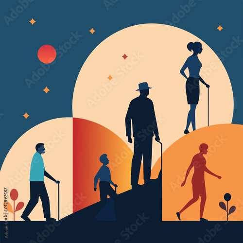 Minimalist outlines of different phases of life, from birth to old age. vektor illustation