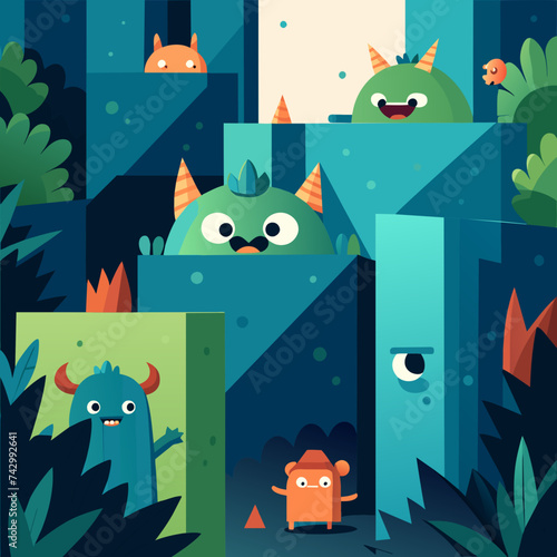 Playful monsters hiding in unexpected places. vektor illustation