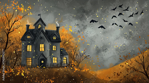 Illustration of a house on an autumn evening with birds circling above it  © Olya Fedorova