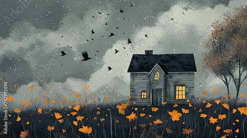 Illustration of a house on an autumn evening with birds circling above it  © Olya Fedorova