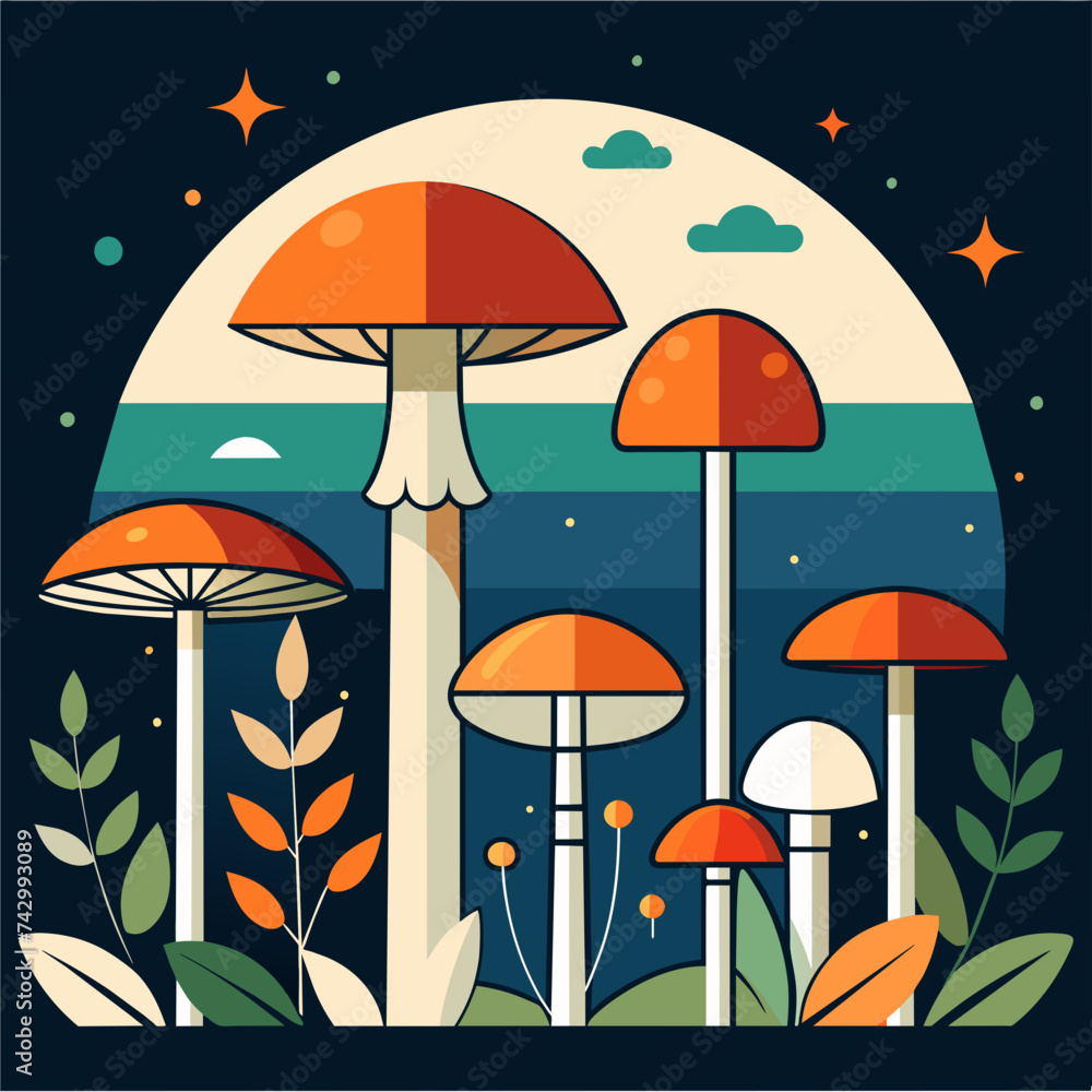 Minimalist outlines of various types of mushrooms growing in a forest. vektor illustation