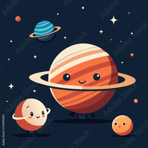 Whimsical outlines of anthropomorphic planets having a conversation in space. vektor illustation