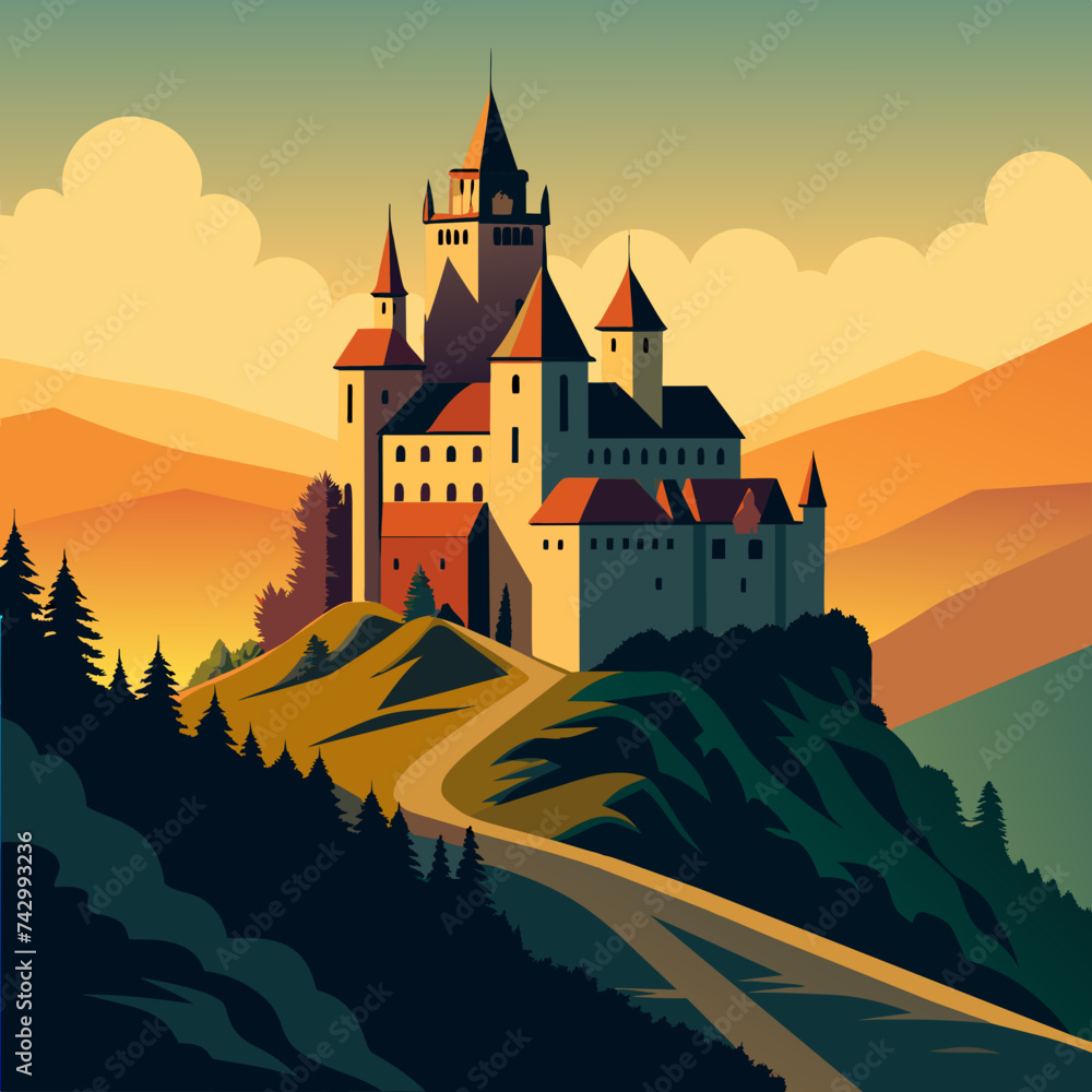 Intricate outlines of a medieval castle perched on a hill. vektor illustation