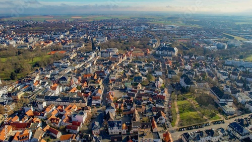 Aerial around the city Bad Nauheim in Germany on a sunny afternoon in autumn