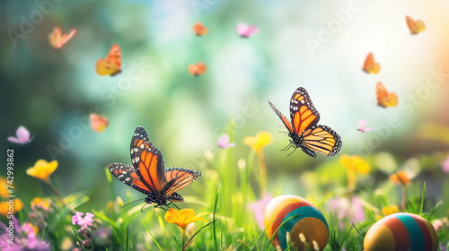Easter Celebration with Butterflies and Decorated Eggs in Spring Meadow. Happy Easter background © colnihko