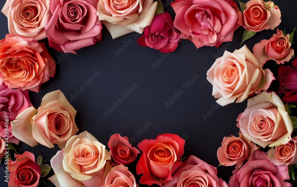 A heart-shaped arrangement of roses on a dark surface symbolizes love and affection. The soft hues of pink and red stand out, creating a luxurious and romantic mood. A heart-shaped arrangement of roses on a dark surface symbolizes love and affection. The soft hues of pink and red stand out, creating a luxurious and romantic mood.