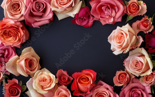 A heart-shaped arrangement of roses on a dark surface symbolizes love and affection. The soft hues of pink and red stand out, creating a luxurious and romantic mood. © burntime555