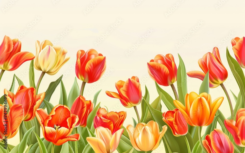 Fototapeta premium This image showcases a vibrant array of tulips in full bloom, with a soft, creamy backdrop enhancing their bright orange and red hues.