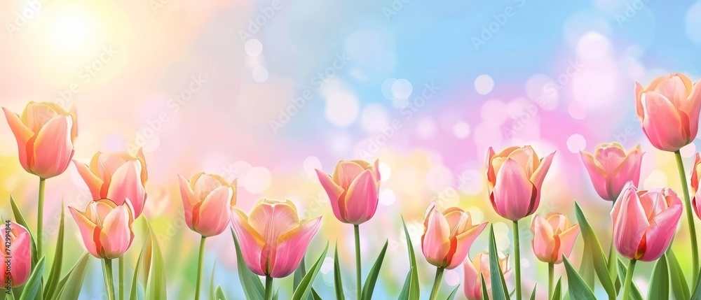 A serene scene of pastel-colored tulips against a soft bokeh light background, evoking a sense of calm and freshness.