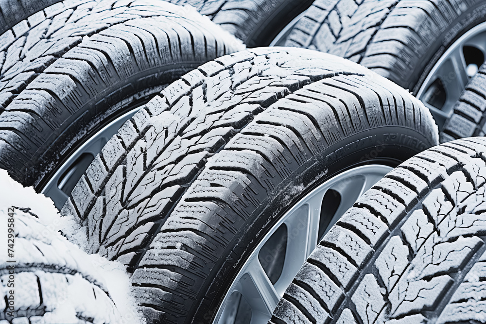 Winter tires covered with snow, close-up. Winter tires background. Generative Ai