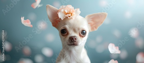 A small white Chihuahua puppy is standing with a flower tucked behind its ear. The dogs fluffy coat contrasts with the bright petals, giving it a charming look. photo