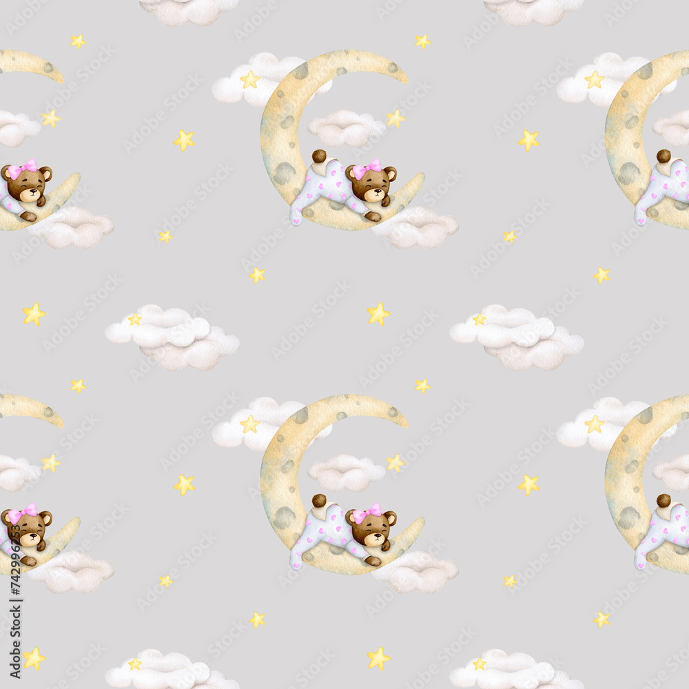 Baby seamless pattern on a gray background. Baby bear sleeping on a cloud. Girl. Watercolor background. Childrens party, baby shower, birthday. Design of wallpaper, wrapping paper, fabric, cards.. Baby seamless pattern on a gray background. Baby bear sleeping on a cloud. Girl. Watercolor background. Childrens party, baby shower, birthday. Design of wallpaper, wrapping paper, fabric, cards..