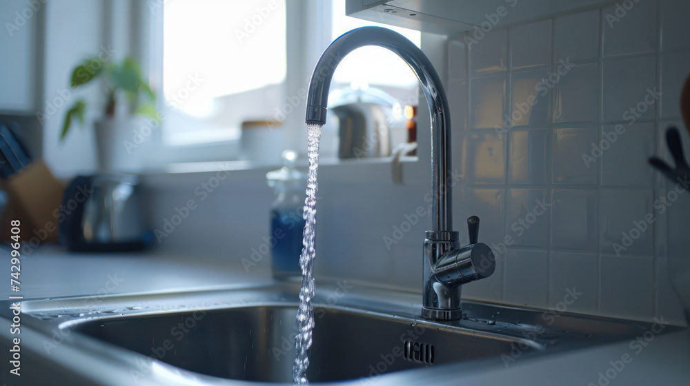 The kitchen sink faucet is turning on water. The kitchen sink faucet is turning on water.