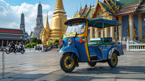 Thai Tuk Tuk parked in front of Wat Phra Kaew. Bangkok, Thailand photo