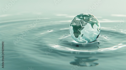 Earth floats on a blue ocean surface. Planet globe delicately balances on water with ripples. Tranquil nature scene
