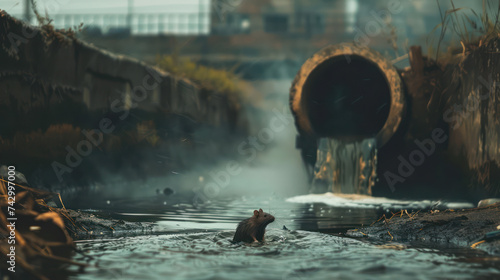 The city's sewage pipe has water flowing out and a rat stands at the mouth of the pipe with buildings visible in the background