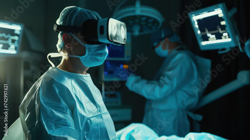 a doctor wearing VR glasses showing realistic graphics and Medical technology graphic interface screen